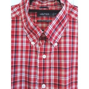 Nautica Mens 2XLT Red Plaid Short Sleeve Button Up Shirt 80s Two Ply Cotton
